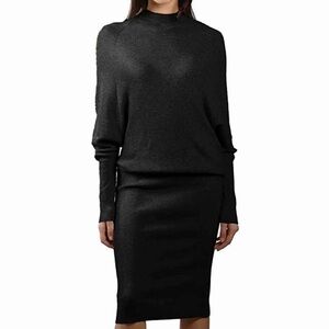 Anna Cai Black Mock Neck Drop Waist Dolman Long Sleeve Ribbed Midi Sweater Dress